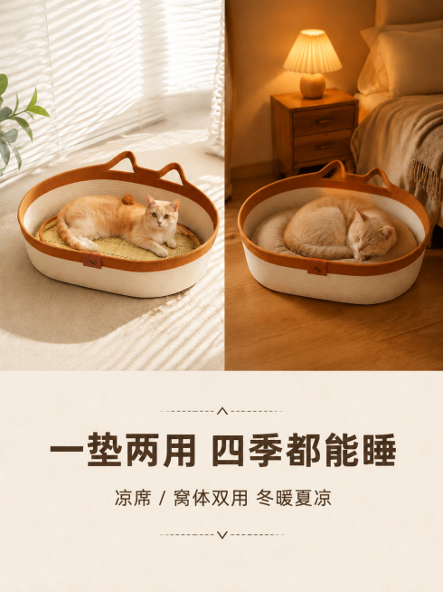 保持原图所有内容：产品细节、文字内容、构图、猫咪、场景、风格完全不变，仅将图片比例修改为3:4竖版，保持ins奶油侘寂风，高清，产品细节不变，文字不变，风格统一预览效果