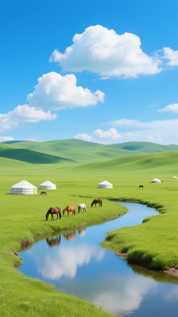 一片广阔无垠的草原背景，天空湛蓝纯净，点缀着几朵形态饱满的白色云朵，阳光明媚，光线充足，草原呈现出层次分明的绿色，从近处的鲜绿到远处的深绿渐变，草原上散落着几顶白色的蒙古包，几匹颜色各异的马正在悠闲地吃草，一条蜿蜒的小河从草原中间流过，河水清澈见底，倒映着天空的颜色，河岸线自然弯曲，整体画面充满了宁静、开阔、自然的氛围，构图采用开阔的远景视角，展现出草原的辽阔与壮美。预览效果