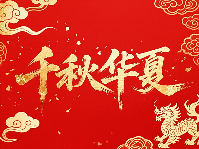 文案“千秋华夏”文字，烫金水墨，金色国风元素，文字横向排列，纯红色背景