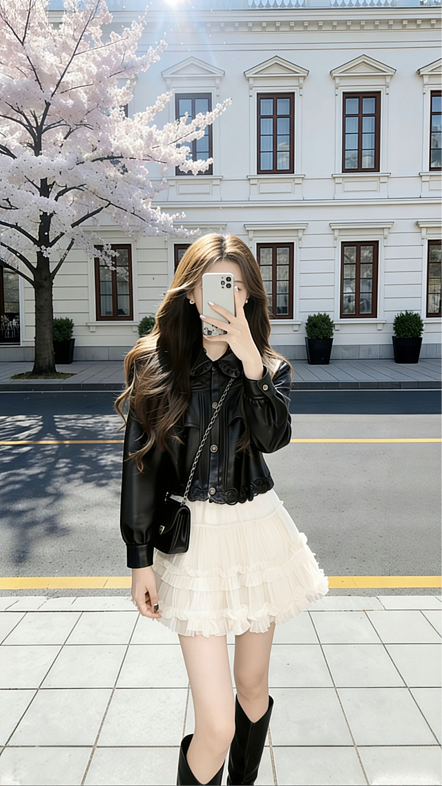 女生左手持手机全程严实挡住五官，位置角度恒定不变，动作甜美可爱，温柔大方，优雅自然，真实流畅。首先单手叉腰往后退三步，右手轻轻叉腰，步伐自然放松，走的同时右手抬到脸侧比心，手指自然弯曲，双腿迈步时微微交叉，肩膀随着步伐轻轻带动，整体姿态松弛可爱；接着往前走一步，右手叉腰，右腿向右侧方自然抬起，小腿带起一定高度，稍稍停顿后脚尖轻盈点地，身体随着抬腿微微晃动保持平衡，裙摆轻轻飘动，整体动作俏皮甜美；然后马上再往后退一步，接着身体向右转45度，展示右侧肩膀和衣服侧面，右脚尖在身后轻轻点地，身体微微前倾；接着马上向前走一步，轻快而轻盈，同时右手用指尖轻轻撩开耳边的头发，动作温柔。镜头只随脚步轻微推进不大动，镜子污渍完全静止只有人物移动，动作连贯流畅不僵硬不刻意，通过头部微侧、肩膀放松、动作轻盈传递出甜美笑意