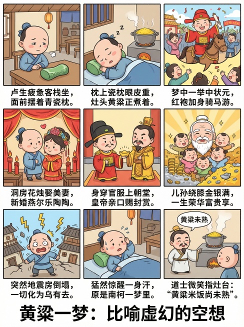 生成一本《黄粱一梦》的成语故事解读漫画，要九宫格形式，给小朋友学习使用预览效果