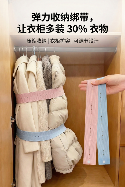 2:3 竖版电商详情图，严格还原上传的产品图，包括粉色、蓝色弹力衣物收纳绑带的颜色、按扣孔位、条纹纹理等所有细节，产品在真实物理空间里与其他物体的大小关系视觉协调，比例保持 1:1。画面中心为浅木色衣预览效果