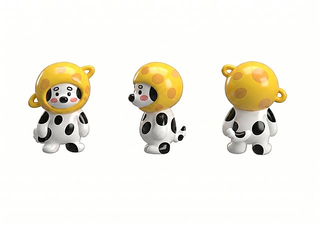 根据参考图生成3D效果的斑点狗角色，材质为光滑塑料质感，保留原图中正面、侧面、背面三个角度的构图，人物眉毛保持原图黑色镂空扁圆圈效果，不要填充眉毛，保持镂空