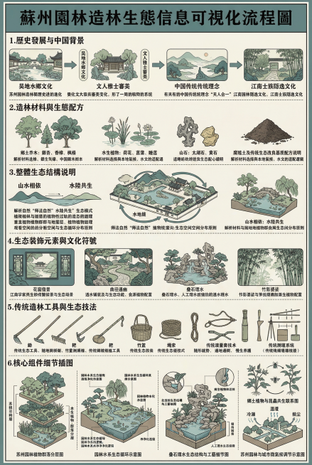 制作一张A3大小的苏州园林造林生态信息可视化流程图展板，包含以下核心板块：一、历史发展与中国背景说明：1.阐述苏州园林造林生态的历史演变进程，以及吴地水乡文化、文人雅士审美影响下形成的独特造林体系。2预览效果