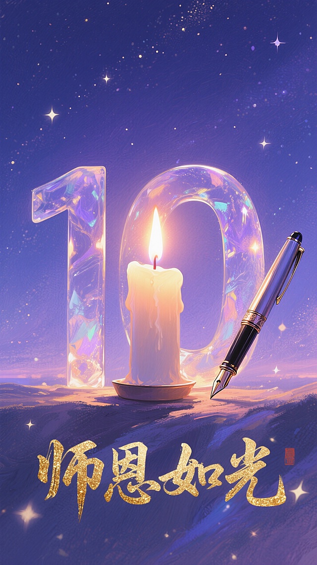 梦幻插画风，轻拟物玻璃与鎏金元素，超现实主义烛光与钢笔，致敬教师节。