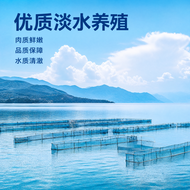 [主图-1] 淡水养殖水产核心场景首图
[氛围风格] 清新自然高品质生鲜氛围感
[画质] 商业摄影质感、光线明亮通透、画面清晰真实、高级干净
[元素] 原图清澈湛蓝的淡水养殖渔场居画面主体，网箱整齐排预览效果