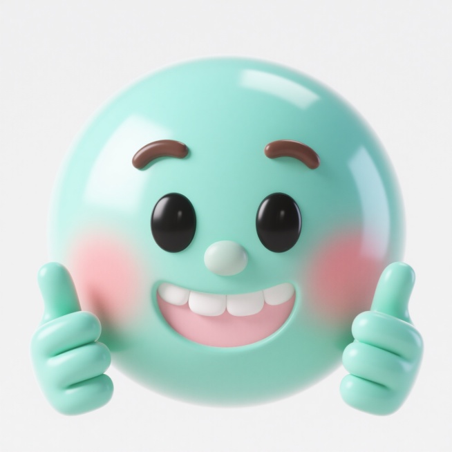 3D风格的卡通表情图标，整体呈现柔和的半写实质感，圆润饱满的球形头部，表面光滑带有细腻的光泽感，高光集中在顶部偏左位置，阴影柔和地过渡到右下方，形成立体感。主色调改为清新的薄荷绿色，脸颊红晕为淡粉色，眼睛保持黑白分明的大尺寸圆形，瞳孔为深棕色，眉毛呈自然弯曲的深棕色弧线。表情改为微微抿嘴的微笑，嘴角上扬弧度适中，露出上排洁白整齐的牙齿，嘴巴内部为浅粉色。双手保持对称的竖大拇指姿势，手指关节圆润……预览效果