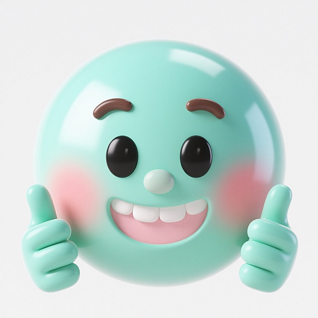 3D风格的卡通表情图标，整体呈现柔和的半写实质感，圆润饱满的球形头部，表面光滑带有细腻的光泽感，高光集中在顶部偏左位置，阴影柔和地过渡到右下方，形成立体感。主色调改为清新的薄荷绿色，脸颊红晕为淡粉色，眼睛保持黑白分明的大尺寸圆形，瞳孔为深棕色，眉毛呈自然弯曲的深棕色弧线。表情改为微微抿嘴的微笑，嘴角上扬弧度适中，露出上排洁白整齐的牙齿，嘴巴内部为浅粉色。双手保持对称的竖大拇指姿势，手指关节圆润，手掌和手指同样为薄荷绿色，与头部颜色统一。整体构图居中，背景为纯白色，光线柔和均匀，营造出友好、愉悦且略带羞涩的氛围，视觉效果简洁明快，符合现代卡通图标设计的可爱风格和高辨识度要求。