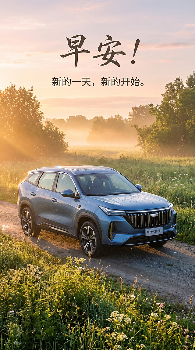 将这辆蓝色SUV汽车放在适合做竖版早安图的场景中，保留汽车主体，添加温暖清新的晨间氛围，适合做早安问候图