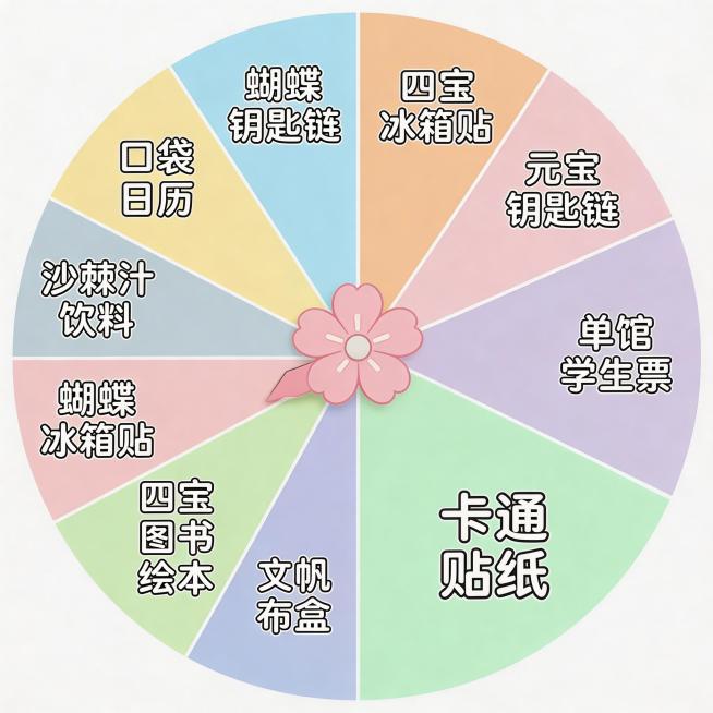 营销抽奖转盘平面图，实体物品质感，清新活泼风格，低饱和明亮色系，避开传统红黄。圆形转盘分为多块扇形区域：最大扇形区域内中央标注"卡通贴纸"，第二大扇形区域内中央标注"单馆学生票"，三个相等中等扇形依次预览效果