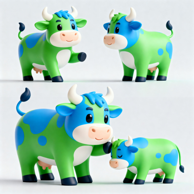 佛山市怡康医疗科技有限公司的3D吉祥物，一头健康活力的牛，配色为绿色和蓝色，展示不同的角度和友好动作，适合医疗设备企业品牌形象，高品质3D渲染预览效果