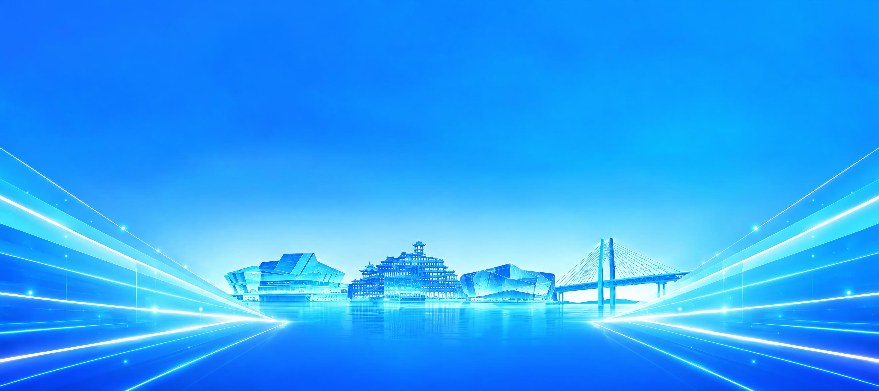 蓝色渐变背景，底部中央是重庆地标建筑群剪影，仅保留重庆大剧院、… - 图片创意预览