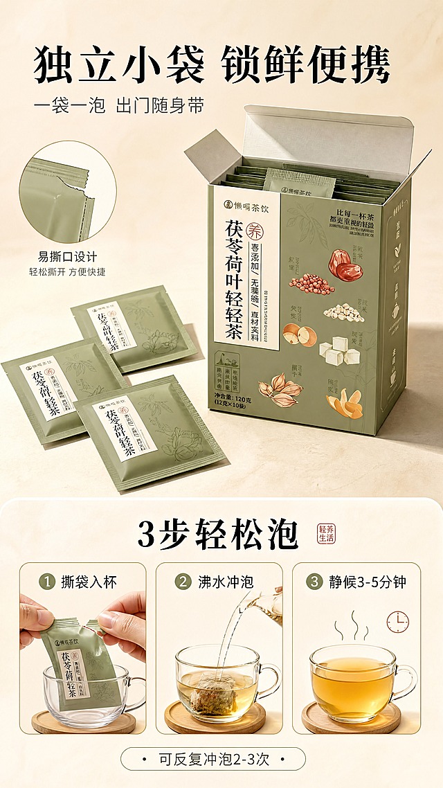 [商品] 使用【图1】茯苓荷叶轻轻茶产品包装盒；保留包装盒的豆绿色主色、正面文字、净含量120克（12克×10袋）文字；同时展示独立小茶包，茶包外观参考包装盒风格设计，豆绿色小袋；包装盒与独立小袋结构颜色保真。
[画面] 目标：第7张 包装细节+使用方法页，展示独立小袋与冲泡步骤。构图：上下分区，上40%展示包装细节，下60%展示冲泡三步法。上部：打开的产品盒，从中取出独立小茶包，小茶包散落在旁，特写展示茶包的独立包装设计与撕口。下部：3步冲泡法横向排列，每步配小图：第1步-撕袋入杯，第2步-热水冲泡，第3步-静候品饮。背景为暖米杏色浅渐变，带细微纹理。
[视觉] 套系策略：风格=新中式草本养生商业摄影风；标题字=宋体粗体（思源宋体 Heavy）；正文字=简洁无衬线体（思源黑体 Regular）；主色=暖米杏+豆绿；背景延展=基于暖米杏做深浅层级、同色渐变和细腻大理石/宣纸质感；强调色=赭石红，仅用于小面积图标、引线、标签和印章点缀；标题色=深炭黑；正文色=中暖灰；组件=圆角浅底信息卡、细线引线、中式印章元素；光影=左前侧45°暖柔光，柔和阴影，通透自然。
[文字] 上部主标题"独立小袋 锁鲜便携"（宋体粗体，深炭黑），副标题"一袋一泡 出门随身带"（无衬线体，中暖灰）；下部标题"3步轻松泡"（宋体粗体），下方3个步骤分别标注："① 撕袋入杯""② 沸水冲泡""③ 静候3-5分钟"（每个步骤配编号+文字，豆绿色编号）；旁边补充小字"可反复冲泡2-3次"；所有文字横排，层级清晰。
[规格] 图片比例9:16竖版，4K，medium质量；避免变形、错字、文字过小、包装文字错乱、冷蓝背景、虚假承诺。