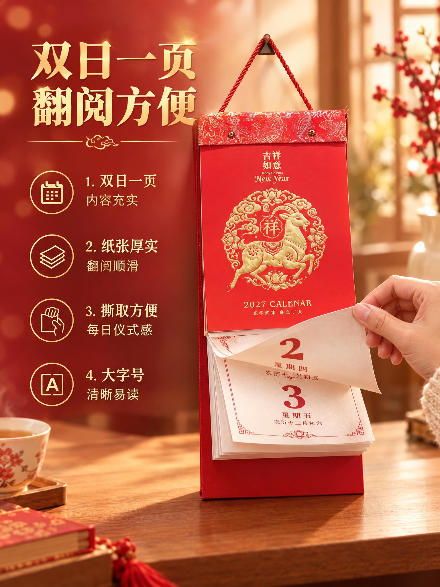 生成挂历使用场景详情页，展示日常翻阅撕历的生活动态。画面右侧为… - 图片创意预览