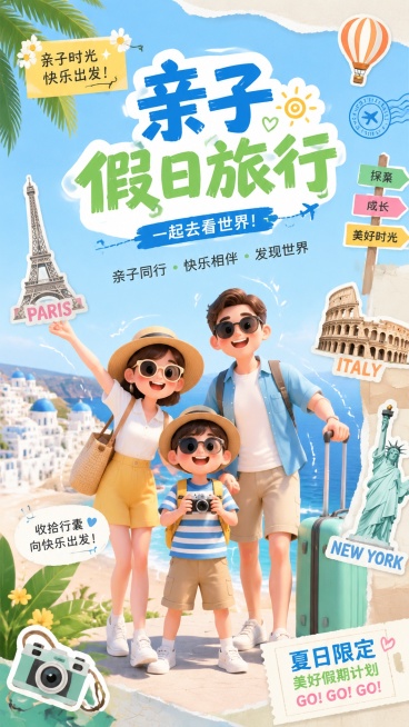 亲子假日旅游海报，清新夏日配色，包含卡通人物元素和世界旅游景点贴纸元素，简约潮流排版，充满出游氛围感预览效果