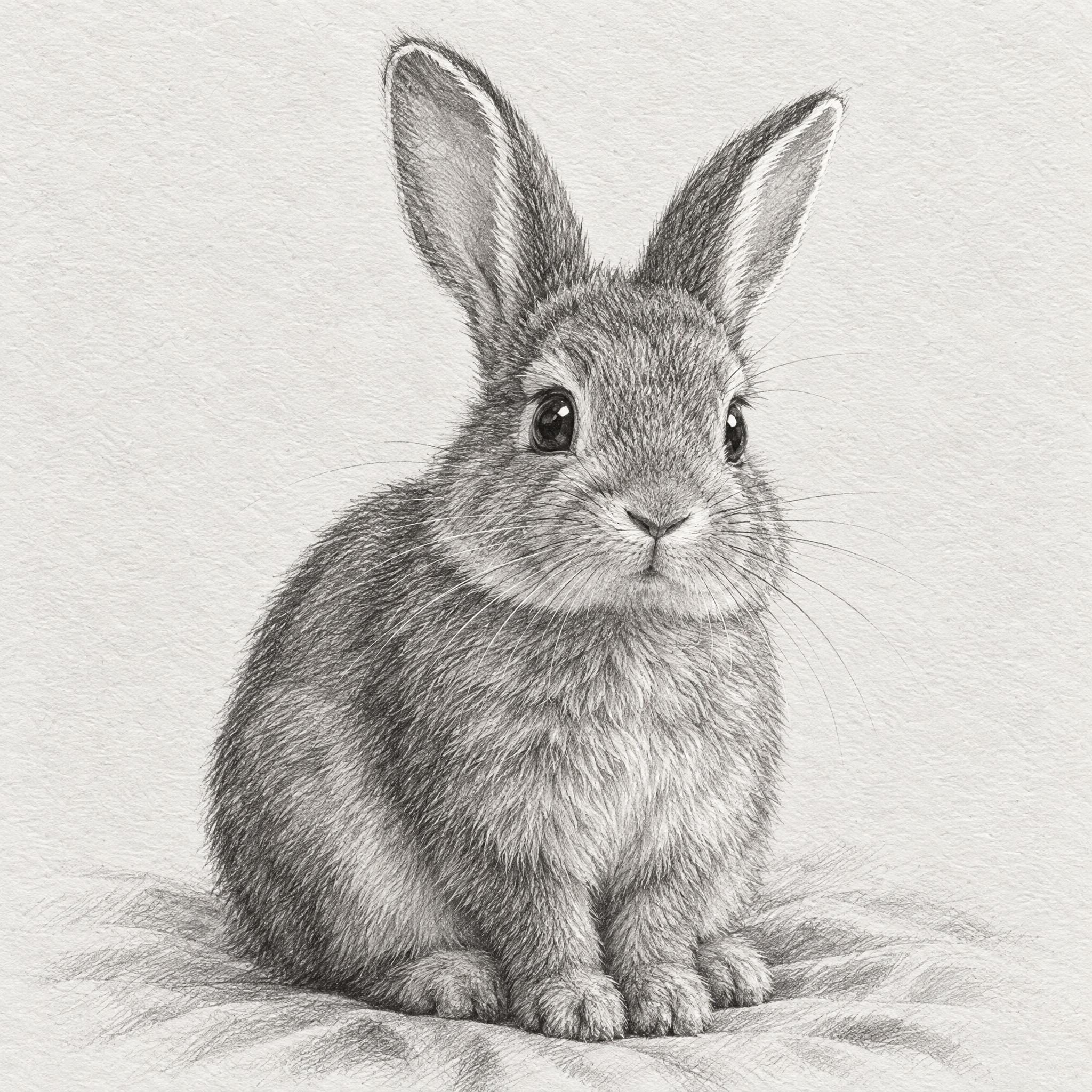 一幅精美的兔子素描画，使用铅笔在素描纸上绘制。画面中央是一只毛… - 图片创意预览