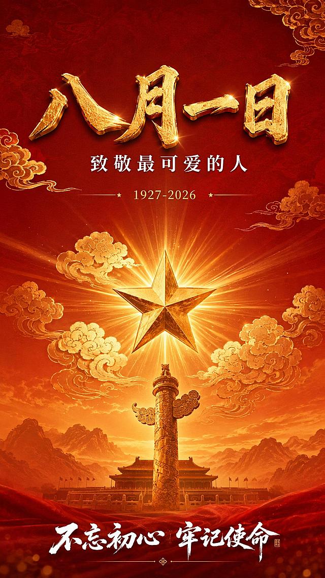节日祝福竖版海报，国风新中式工笔风格，庄重大气。深红色和金色为主色调，暖黄色光晕。背景渐变深红色，点缀金色祥云纹样和华表剪影，营造庄重肃穆的节日氛围。画面上方金色立体大字主标题"八月一日"，字体苍劲有力，下方副标题"致敬最可爱的人"，白色宋体。中部配有金色五角星光芒放射的意象，周围环绕祥云纹饰。画面中部装饰文案"1927-2026"，金色小字。底部居中祝福语"不忘初心 牢记使命"，白色书法字体。整体版式精美，上下构图，层次分明，光影柔和，质感细腻，超高清画质。