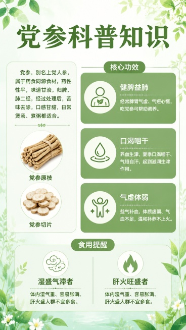 参考给定版式，生成党参科普知识海报，整体为清新自然夏季风格，配色偏浅绿清新色调适配夏季，保留参考图排版结构：顶栏大标题为"党参科普知识"，左侧简介区介绍党参："党参，别名上党人参，属于药食同源食材，药预览效果