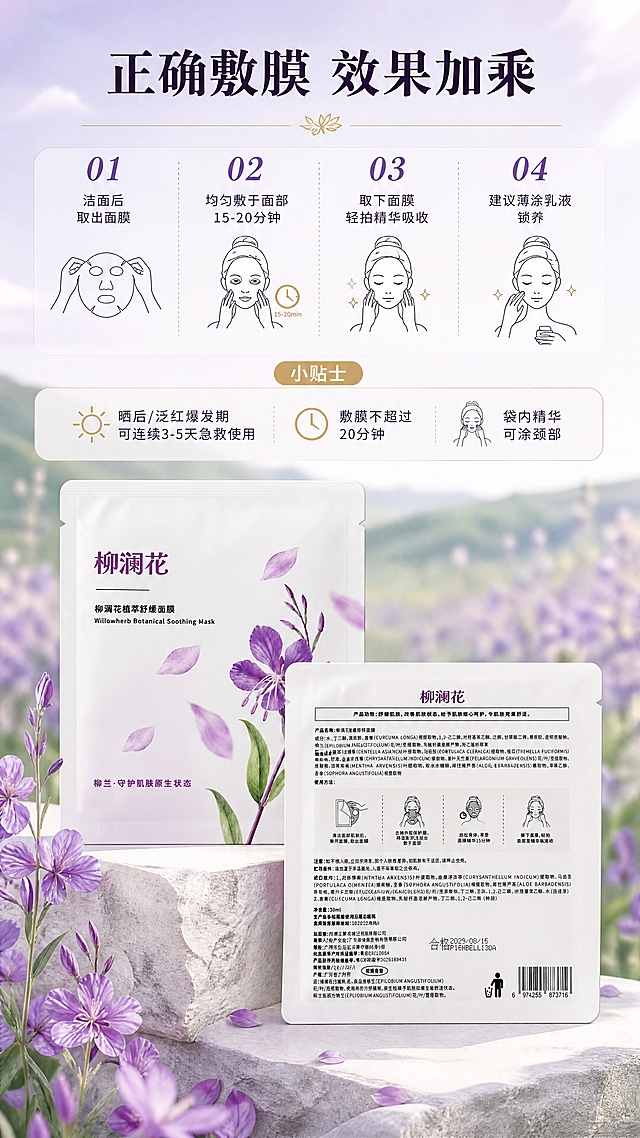 [商品] 使用【图1】【图2】柳澜花植萃舒缓面膜；正面与背面包装均保留原貌，背面成分说明与使用图示清晰化处理但不修改内容；商品处理：去除原金属台面背景，增强包装质感。
[画面] 页面目标：清晰展示使用方法与小贴士，降低用户决策门槛。构图：上半部分4步使用流程横向或纵向排列，每步配简图标与动作说明；下半部分放面膜包装（正面+背面局部）与柳兰花枝点缀；背景是柔和的紫绿渐变，清新干净。
[视觉] 套系策略：风格=原生草原植萃风 高级商业摄影；标题字=优雅宋体加粗；正文字=简洁无衬线体；主色=柳兰紫（#8B5CF6）+ 草原绿；背景延展=基于柳兰紫与草原绿做深浅渐变、花海虚化、天空云层层次；强调色=暖金色，仅用于小面积高光、标签和图标点缀；标题色=深紫近黑；正文色=深灰紫；组件=圆角半透信息卡、细线引线、草本图标；光影=自然顶侧柔光，模拟草原日光，产品正面清晰无逆光。
[文字] 顶部主标题「正确敷膜 效果加乘」；4步流程：1. 洁面后取出面膜；2. 均匀敷于面部15-20分钟；3. 取下面膜轻拍精华吸收；4. 建议薄涂乳液锁养；底部小贴士框：「晒后/泛红爆发期可连续3-5天急救使用 · 敷膜不超过20分钟 · 袋内精华可涂颈部」；全部横排，步骤编号加粗。
[规格] 图片比例9:16竖版，4K分辨率，负向提示：避免产品变形、背面文字错乱、冷蓝灰主色、白底极简、文字竖排、医疗功效承诺、极限词。