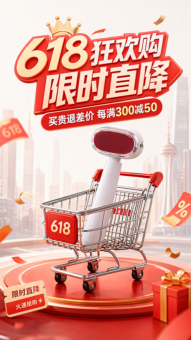 设计一张现代电商促销3D风海报，主标题“618狂欢购 限时直降”，副标题“买贵退差价 每满300减50”。磨脚产品放在一辆金属购物车里。画面适当留白，元素简洁。背景是轻微城市剪影，喜庆热烈氛围。