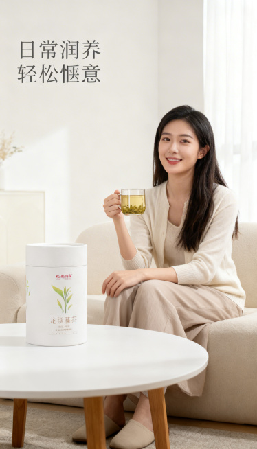 [主图4：饮用体验场景] 基于原图龙须藤茶产品，简约居家茶几场景，一位亚洲女性端坐沙发，手捧一杯泡好的龙须藤茶，产品罐放在旁边茶几上，背景是干净浅色客厅，自然柔和光线，营造舒适放松的日常饮用体验，画面预览效果