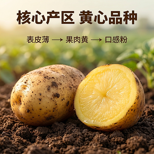 [主图 2] 土豆产品核心亮点溯源图
[氛围风格] 自然真实产地氛围，新鲜优质展示
[画质] 商业生鲜摄影质感、清晰真实、画面干净通透高级
[元素] 一颗完整带泥土豆和切开的黄心土豆剖面并排摆放，都放置在农田土地上，切面展示金黄绵密内部质地。保持土豆外观颜色纹理与输入产品图一致，无变形色差。商品主体占比 75%，展示完整产品与切面细节。背景是模糊绿色农田远景，突出产品本身
[光影] 自然柔和暖阳，侧光打亮土豆切面，突显金黄质地，纹理清晰，高光不过曝
[配色] 自然大地色系，黄棕色土豆搭配褐色土地绿色背景，清新真实
[视角构图] 平视拍摄，双产品对称构图，清晰展示完整外观与内部细节
[文字版式] 上方标题「核心产区 黄心品种」深色粗体，下方引线标注：表皮薄 果肉黄 口感粉。文字不遮挡主体，清晰易读
[比例分辨率] 1:1 比例，2k 分辨率，超高清
[负向提示词] 变形，水印，文字错乱，产品模糊，背景杂乱