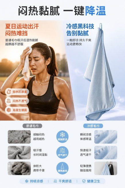 [第2屏] 核心痛点页-夏日闷热出汗痛点解决。本屏使用浅蓝色款【图1】去除logo作为侧边展示。
[氛围/风格] 对比式图文排版，痛点共鸣风格，清晰直观，商业写实质感。
[元素布局] 左半区呈现痛点场预览效果