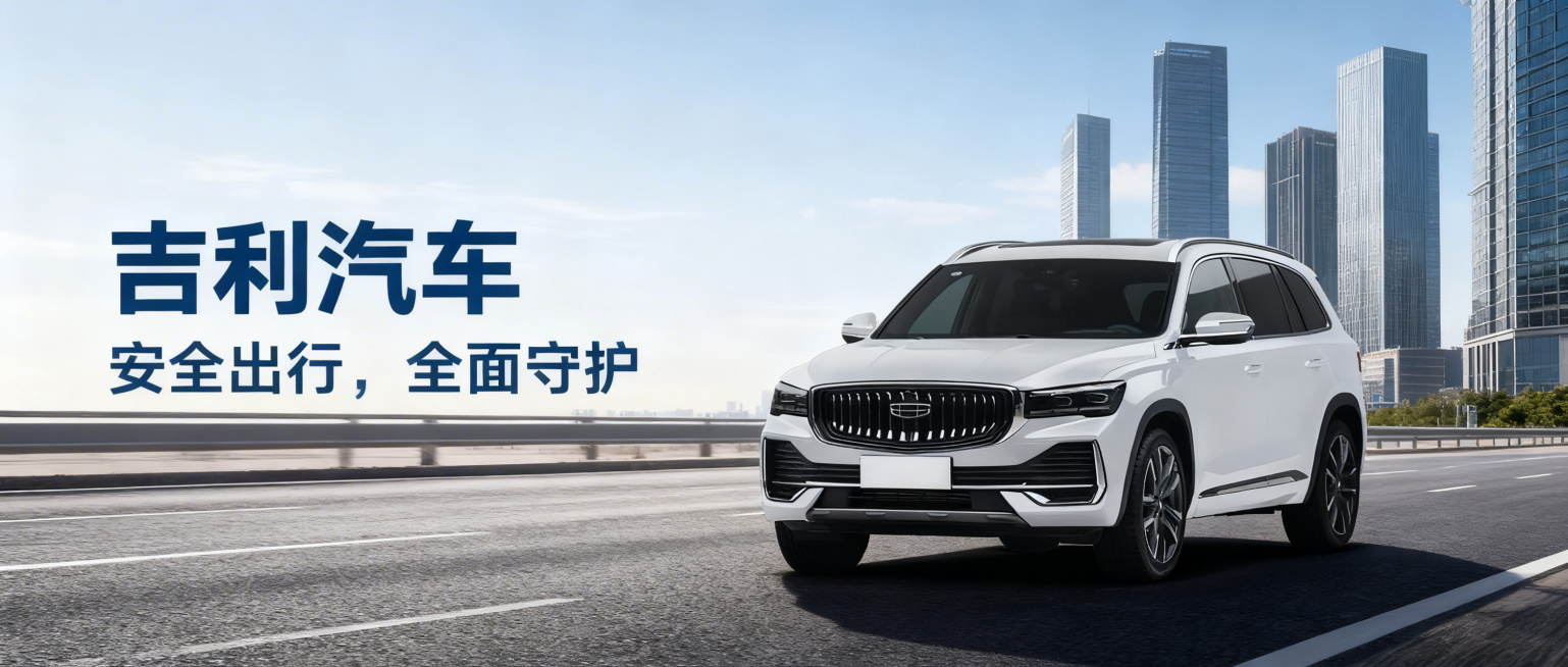 重新生成：白色吉利星越L汽车在图片最右侧，左侧标题区域清晰显示文字 "吉利汽车 安全出行，全面守护"，专业大气的城市公路户外场景背景，商务大气风格，适合汽车宣传公众号首图预览效果
