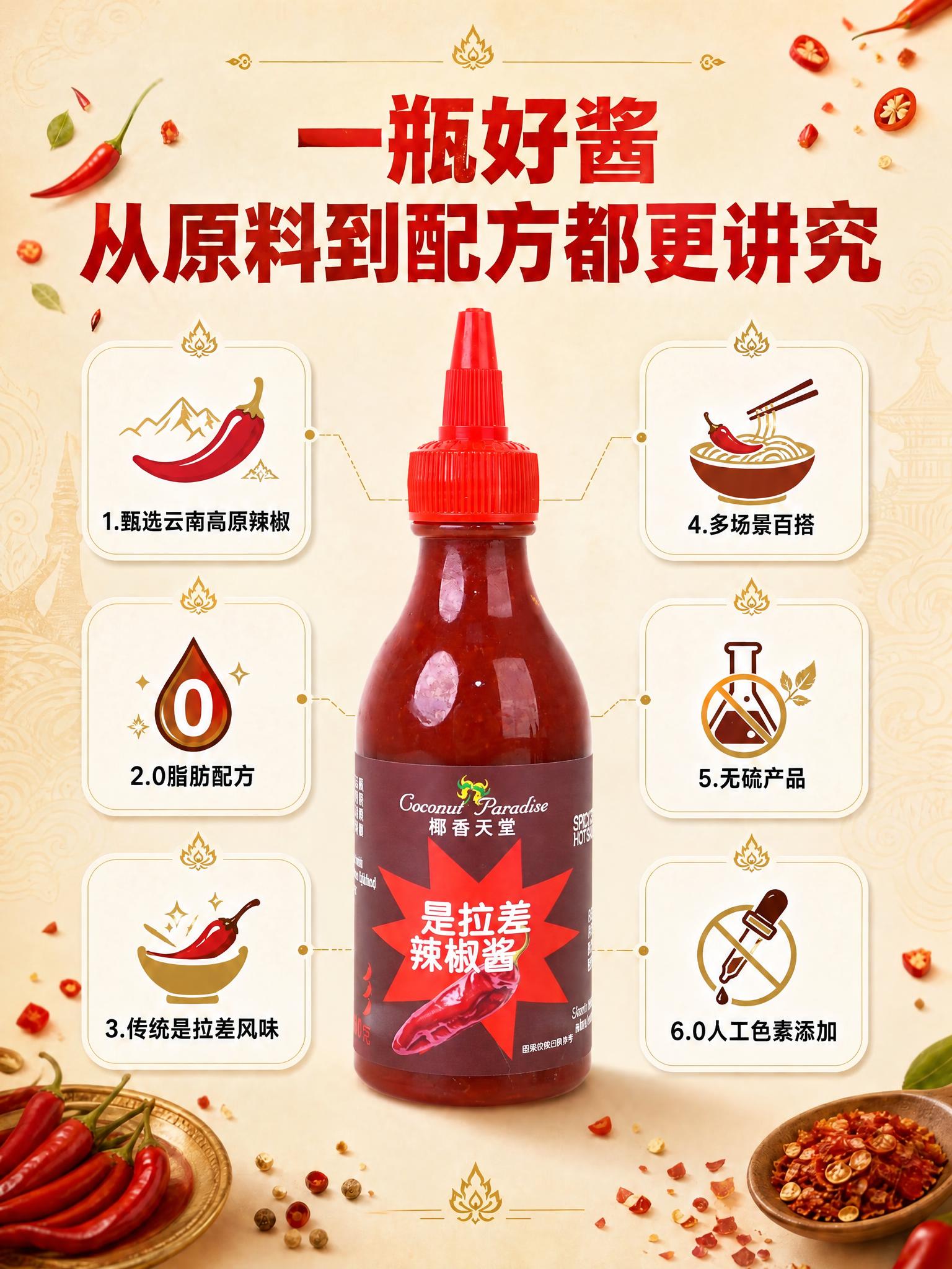 这是一张电商详情图（图1），画面中有一个红色尖嘴盖辣椒酱瓶。请… - 图片创意预览