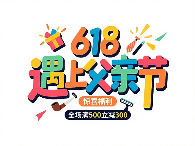 中间“618 遇上父亲节"，标签“惊喜福利”，底部文案"全场满500立减300"，穿插礼盒迸发特效和领带、烟斗、剃须刀等父亲节元素，白色背景