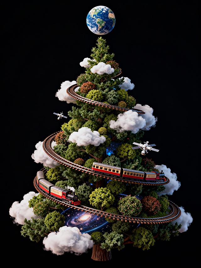 小火车 轨道 灌木 云朵 地球 浩瀚空间站