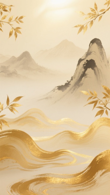 以金色和米黄色为主色调的国风水墨风格背景，上方是明亮柔和的光源效果，中远景为朦胧写意的水墨山峦轮廓，近处是金色水墨渲染的飘逸波浪形态，左右两侧装饰着金色水墨枝叶元素，整体画面融合国风水墨的笔触质感与透明晕染效果，保持宁静高雅的氛围，光影过渡自然柔和，呈现出兼具水墨韵味与金色华贵感的装饰性背景。预览效果