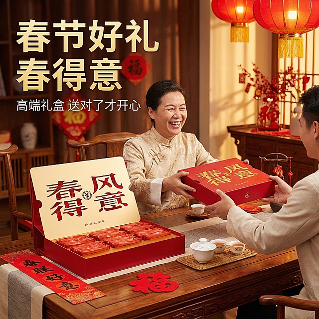 [垫图]输入图
[主图主题]中茶春得意凤凰单丛礼盒送礼场景图
[氛围/风格]喜庆春节场景，暖光氛围感，突出送礼属性
[画面元素]画面展示春节走亲访友场景，客厅茶几上摆放着春得意礼盒，客人接过礼盒面带笑意，旁边摆放着春联和福字，暖红色灯笼光从上方洒下，氛围温馨喜庆，背景铺满全屏无边框
[配色色系]主色调：中国红、米金、木色；辅助色：金色、白色
[视角构图]平视生活化视角，自然真实有代入感
[文字版式]左上角主标题“春节好礼 春得意”，下方小字“高端礼盒 送对了才开心”，字体为无衬线粗体，金色+红色，悬浮于背景空白处
[比例分辨率]1:1 比例，2k 分辨率