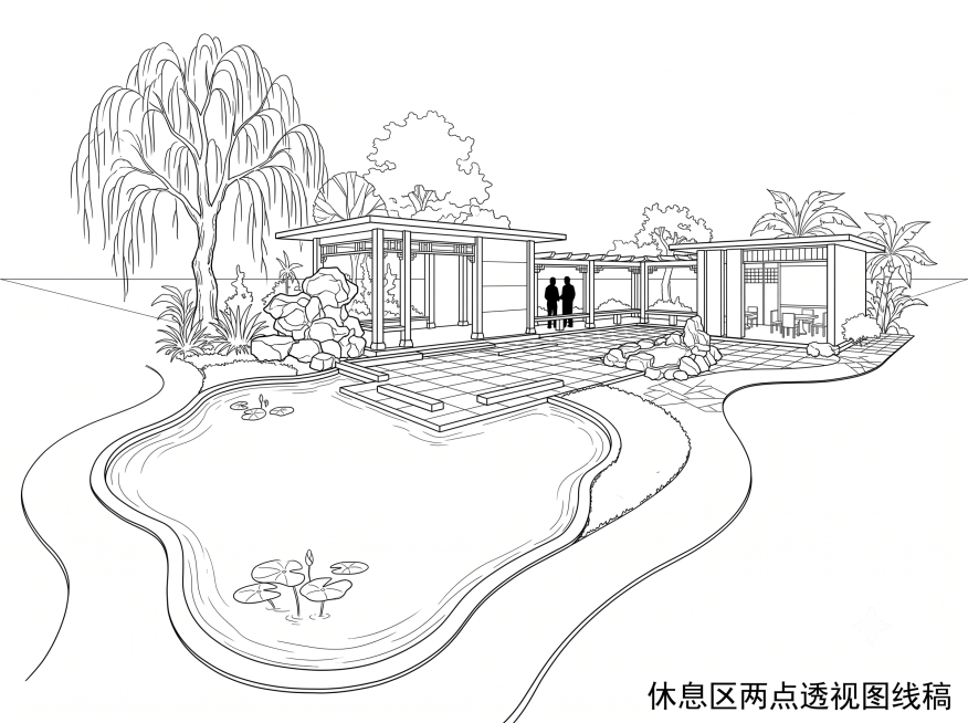 「图片1」绘制图上给的平面图的两点透视图，要求
能够按成角诱视的原理，借助平面图和立面图绘制休息地的成角透视图，要求诱视角度选择准确，作图完整，给我一张两点透视图的线稿和一张透视图的上色的预览效果