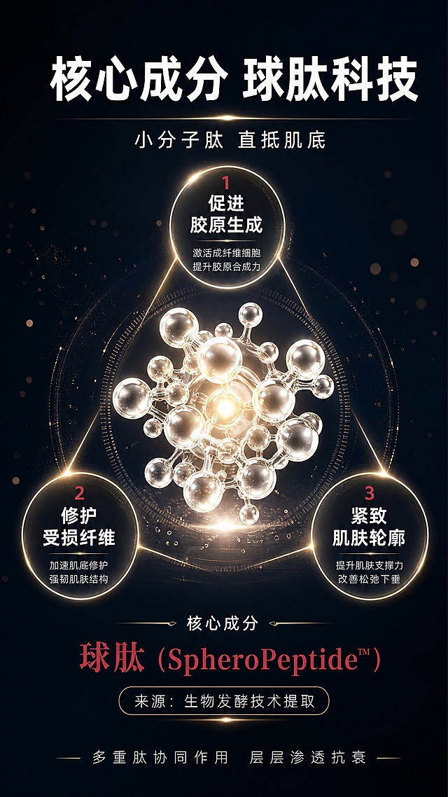 [商品] 本页为成分机理专页，无需产品实物图，重点展示球肽成分分子结构与抗衰链路。
[画面] 目标：核心成分球肽深度解析，建立专业信任感。构图：中央大号3D球肽分子结构模型（占画面约40%），周围环绕3个功效节点呈三角分布；底部成分名称与来源说明；阅读动线从中心向外扩散。前景分子结构，中景功效节点连线，背景深蓝黑渐变+微光粒子。
[视觉] 套系策略：风格=高端医美轻奢商业摄影；标题字=现代简约粗黑体；正文字=纤细无衬线体；主色=银白+香槟金；背景延展=深炭灰到深蓝黑渐变科技感背景，点缀金色粒子；强调色=酒红/深玫红，仅用于核心成分名高亮；标题色=纯白；正文色=浅银灰；组件=发光连线、圆形功效节点、细金线边框；光影=分子结构自发光+四周柔光，科技感十足。
[文字] 顶部主标题「核心成分 球肽科技」，副标题「小分子肽 直抵肌底」；3个功效节点：1.促进胶原生成 2.修护受损纤维 3.紧致肌肤轮廓；底部小字「多重肽协同作用 层层渗透抗衰」；所有文字横排，字号保证手机端清晰可读。
[规格] 图片比例9:16竖版，4K分辨率，负向提示：避免变形、错字、文字过小、冷蓝紫怪异配色、虚假医疗承诺、极限词。