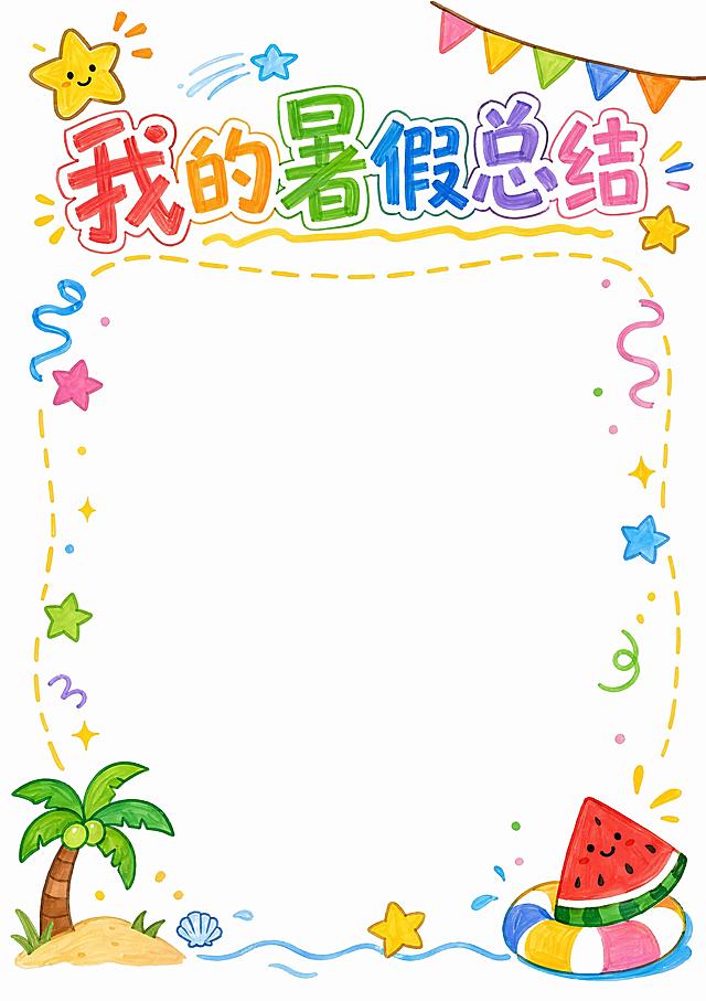 马克笔手绘风格，白底，主标题"我的暑假总结"，留出总结书写区域，装饰星星、彩带等装饰简笔画，A4竖版尺寸，文字清晰，版式精美，尺寸210*297mm竖版，马克笔手绘风，白底。