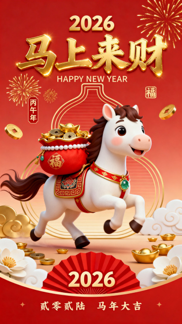 2026年马年元旦主题竖版节日宣传海报，整体采用浓郁喜庆的中国风设计，融合3D卡通可爱风格与国潮元素，主色调为中国红搭配富贵金，高饱和度暖色调，画面明亮鲜艳、层次丰富。

画面中心为一只Q版卡通小马，预览效果