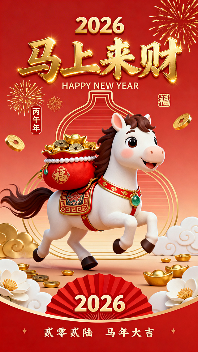 2026年马年元旦主题竖版节日宣传海报，整体采用浓郁喜庆的中国风设计，融合3D卡通可爱风格与国潮元素，主色调为中国红搭配富贵金，高饱和度暖色调，画面明亮鲜艳、层次丰富。

画面中心为一只Q版卡通小马，主体毛色洁白，鬃毛与尾巴为深棕色，面部圆润可爱，大眼睛灵动有神，嘴角上扬带微笑，佩戴红金相间的中式鞍具与装饰点缀玉石，福袋上有精致花纹与“福”字点缀，四蹄呈奔跑姿态，动感十足；

小马背部驮着一个硕大的红色聚宝盆，聚宝盆边缘饰有金色纹路与白色珠串，袋内装满溢出金灿灿的金元宝与铜钱，寓意招财进宝，马鞍上有中式纹样。

背景以渐变中国红为基底，画面下融入金色祥云、白色的祥云、简约中式花朵、散落的金元宝、中间一个红色扇形剪纸、。画面上融入绽放的金色烟花，“福”字印章等传统吉祥元素，马背后有金渐变的葫芦形线框底衬，营造热闹祥和的节日氛围；

画面顶部有醒目的金色光亮的大笔触立体书法字体“马上来财”，上方居中标注“2026”与英文“HAPPY NEW YEAR”，画面左侧竖排标注圆润的“丙午年”，底部中间有红色扇形造型内嵌“2026”数字，画面底部一块弧形红色底搭配“贰零贰陆 马年大吉”小文字，字体设计兼具书法美感与现代感。

整体构图居中对称，视觉焦点突出，细节刻画精致细腻，质感柔和立体，高清8K分辨率，画面干净整洁，节日氛围感拉满，兼具传统中式韵味与现代卡通审美，适合元旦节日宣传、社交媒体传播与线下海报展示。