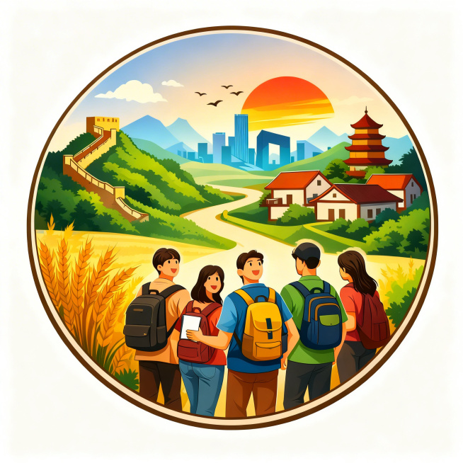 「图片1」帮我生成图片：我先要做一个大学生乡村实践团队公众号的头像，参考这张图，出现乡村、新时代、向上、大学生元素，画风精致有朝气，尺寸240x240预览效果