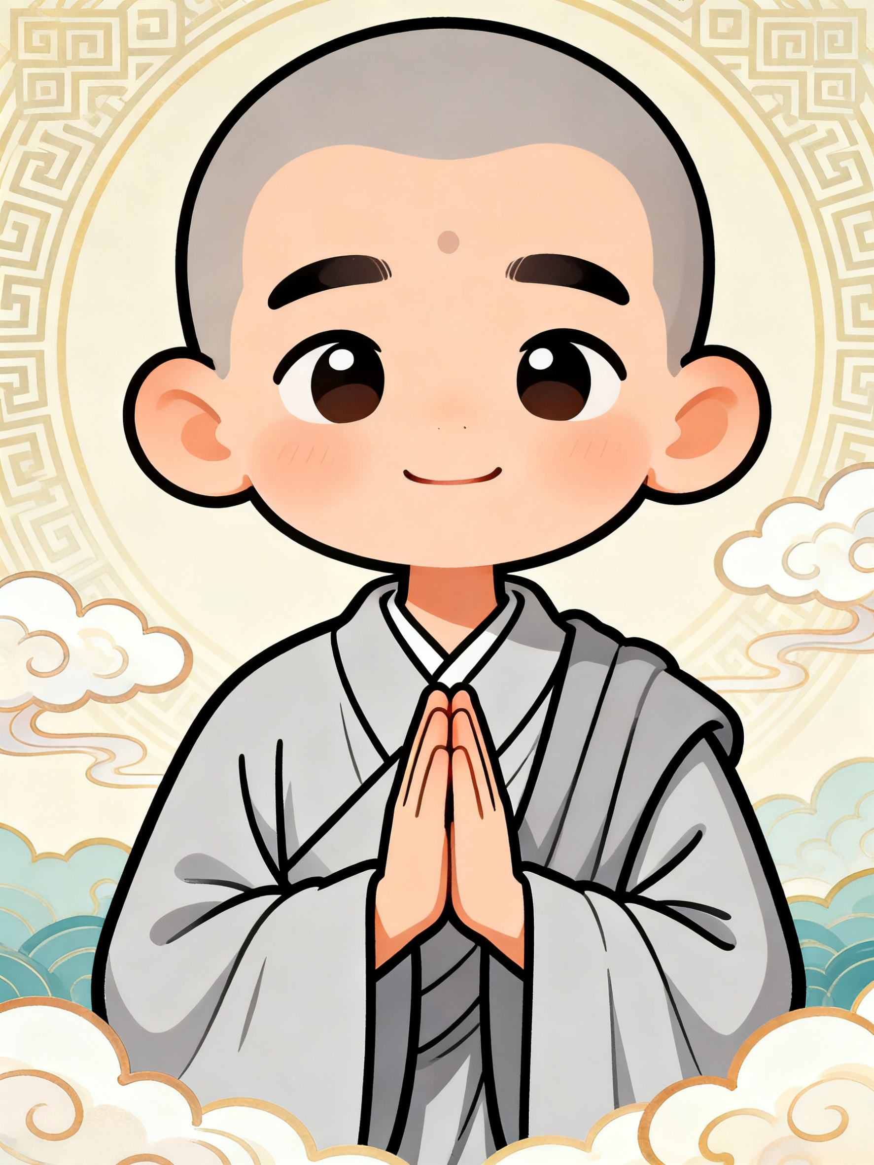 卡通风格的《楞严经》中阿难尊者形象，年轻和蔼的出家人，线条简洁… - 图片创意预览