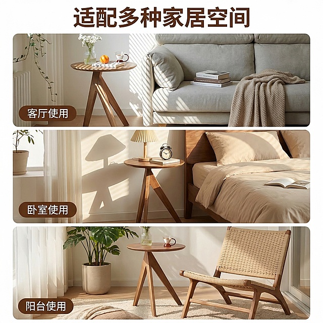[垫图] https://gdesign-dam-hz.dancf.com/35871902559093830/13295197a045458bba71e156bac4fdc8.jpg
[主图主题] 全实木小圆几多场景适配展示
[氛围/风格] 舒适简约轻奢，统一暖调自然光，氛围感一致
[画面元素] 采用上下三格拼图布局，从上到下分别展示小圆几在客厅沙发旁、卧室床边、阳台休闲区三个场景，每个场景自然搭配对应软装，光影方向和色调与首图完全统一，每个场景都保持产品主体清晰，拼图边缘自然过渡无生硬分割
[配色色系] 整体统一原木棕+米白+浅灰暖调，每个小场景配色一致
[视角构图] 每个小场景都保持平视45度视角，构图均衡
[文字版式] 主标题 "适配多种家居空间" 悬浮于顶部居中，深棕色粗体，每个小场景左下角都用半透明白色胶囊框标注场景名 "客厅使用" "卧室使用" "阳台使用"，文字为深棕色，采用上下分屏信息流布局，清晰展示多场景适配性。