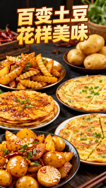 花样土豆美食合集海报，展示狼牙土豆、土豆饼、土豆丝饼、油炸土豆等多种土豆美食，色彩丰富，搭配文案“百变土豆 花样美味”预览效果