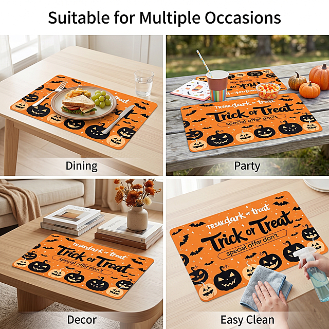 [Main Image 4] Multi-scenario adaptation display of Halloween placemat. [Atmosphere Style] Practical and versatile, daily life style; [Image Quality] Clear and bright commercial photography, unified style, natural light. [Elements] 2x2 grid composition, four grids showing different usage scenarios: 1. placed on the kitchen dining table with tableware; 2. placed on the outdoor party picnic table; 3. placed on the home coffee table as decoration; 4. placed on the dining table after wiping with a cloth to show easy cleaning. In each grid, the Halloween placemat pattern remains consistent with the original product, and the scene is naturally matched. [Light and Shadow] Each grid uses natural and soft light, the overall light is unified, and the picture is transparent. [Color Matching] The overall picture is dominated by the product's orange and black, and each scene background uses different soft tones to maintain coordination. [Perspective Composition] 2x2 grid composition, each scene proportion is balanced, clear hierarchy. [Text Layout] Above the grid, the title text "Suitable for Multiple Occasions" is placed, and each grid is labeled with a small text description (Dining / Party / Decor / Easy Clean), the text is simple and clear. [Proportion Resolution] 1:1 ratio, 2048px * 2048px 2k resolution, text clear recognizable, ultra high definition. [Negative Prompt] Deformation, text confusion, blurred product image, cluttered background, watermark, e-commerce platform Logo, Chinese characters.