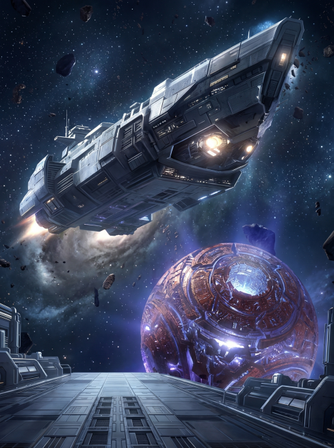 生成类似参考图的深空宇宙场景，画面正上方有巨大星际飞船，巨大飞船似乎要飞出画面，背景中包含巨大星球，科幻机械风格，星空宇宙深空，细腻光影，科幻氛围感预览效果