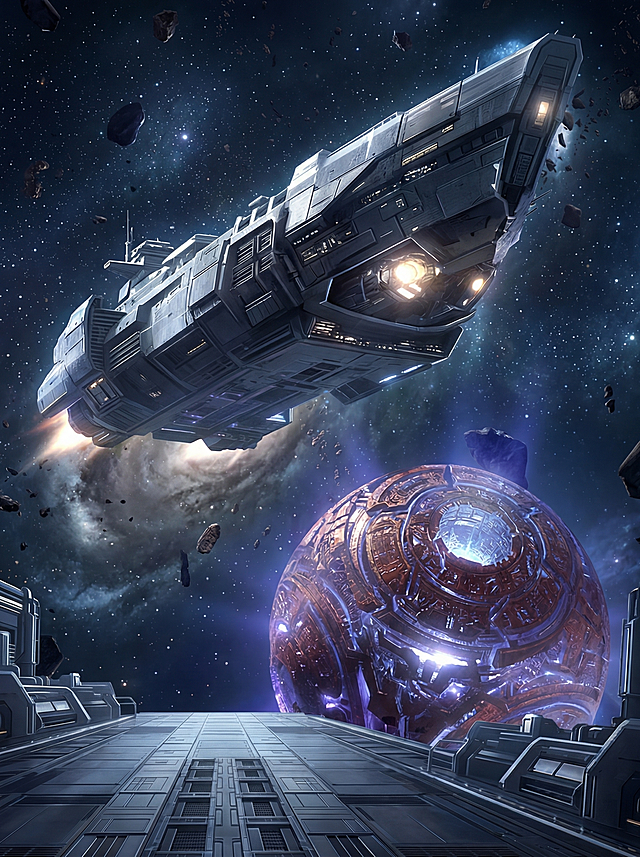 生成类似参考图的深空宇宙场景，画面正上方有巨大星际飞船，巨大飞船似乎要飞出画面，背景中包含巨大星球，科幻机械风格，星空宇宙深空，细腻光影，科幻氛围感