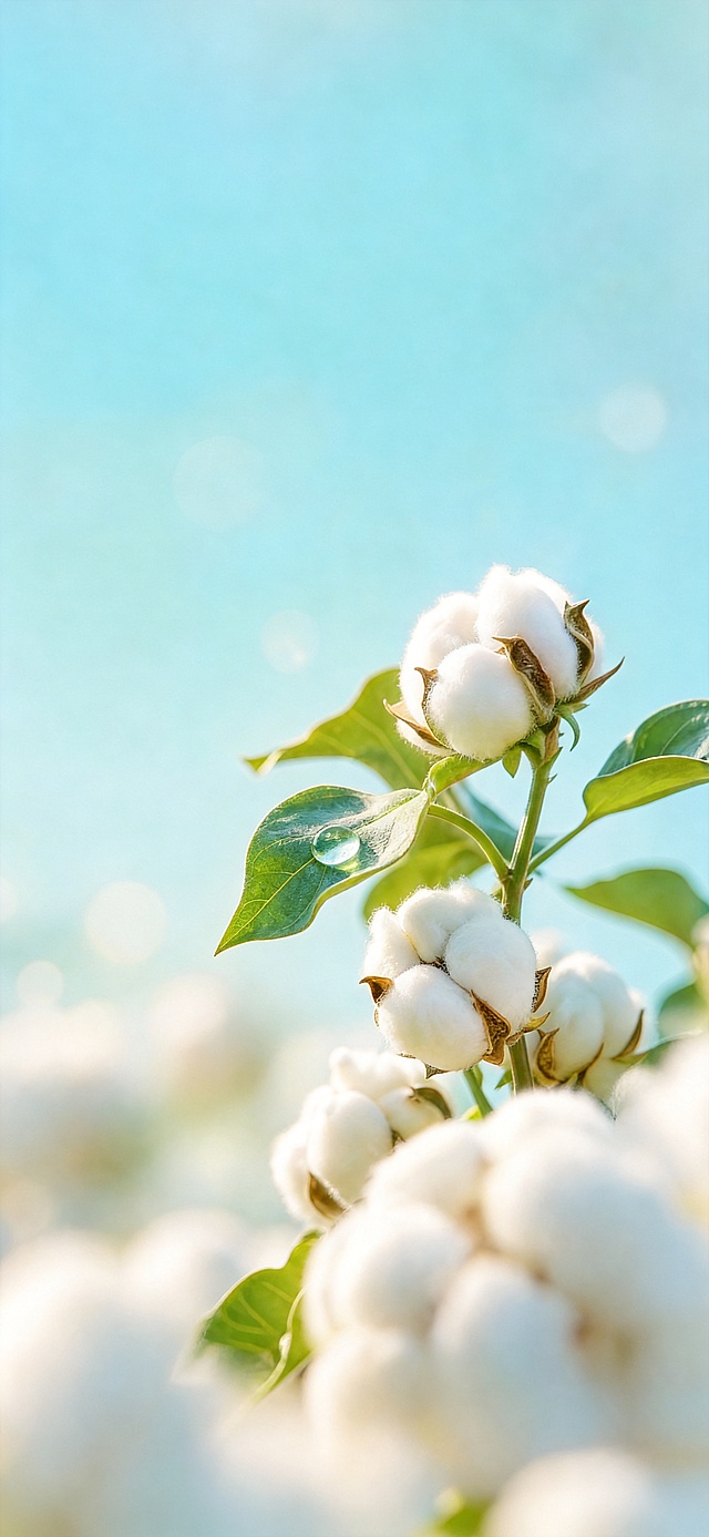 将图片的尺寸比例调整为6:13，保持原图的棉花、绿叶、蓝天等所有画面内容和风格不变，画面元素完整呈现，自然延展适配新比例