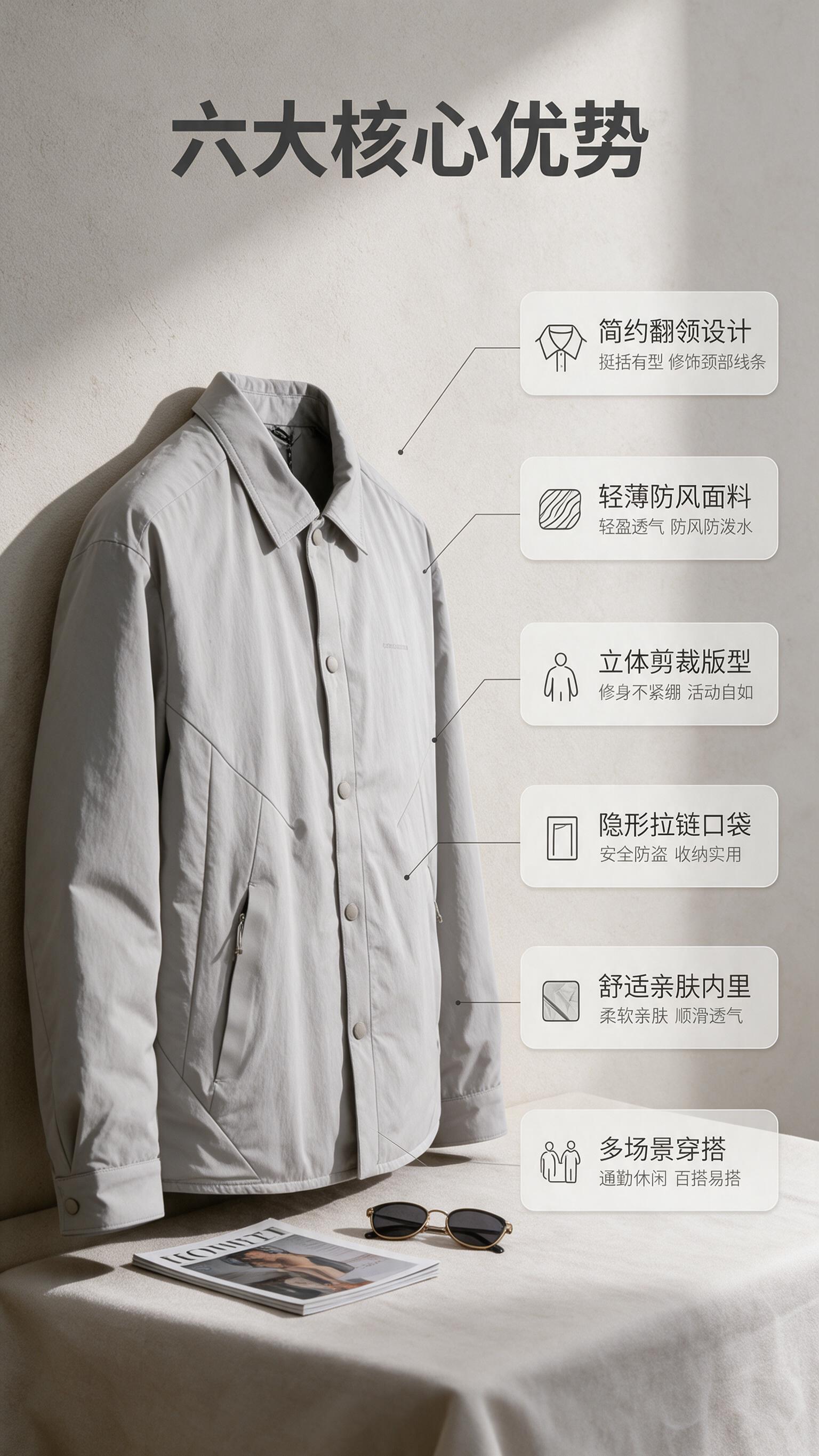 [商品] 使用【图1】浅灰色男士翻领夹克外套；商品处理：保留翻… - 图片创意预览