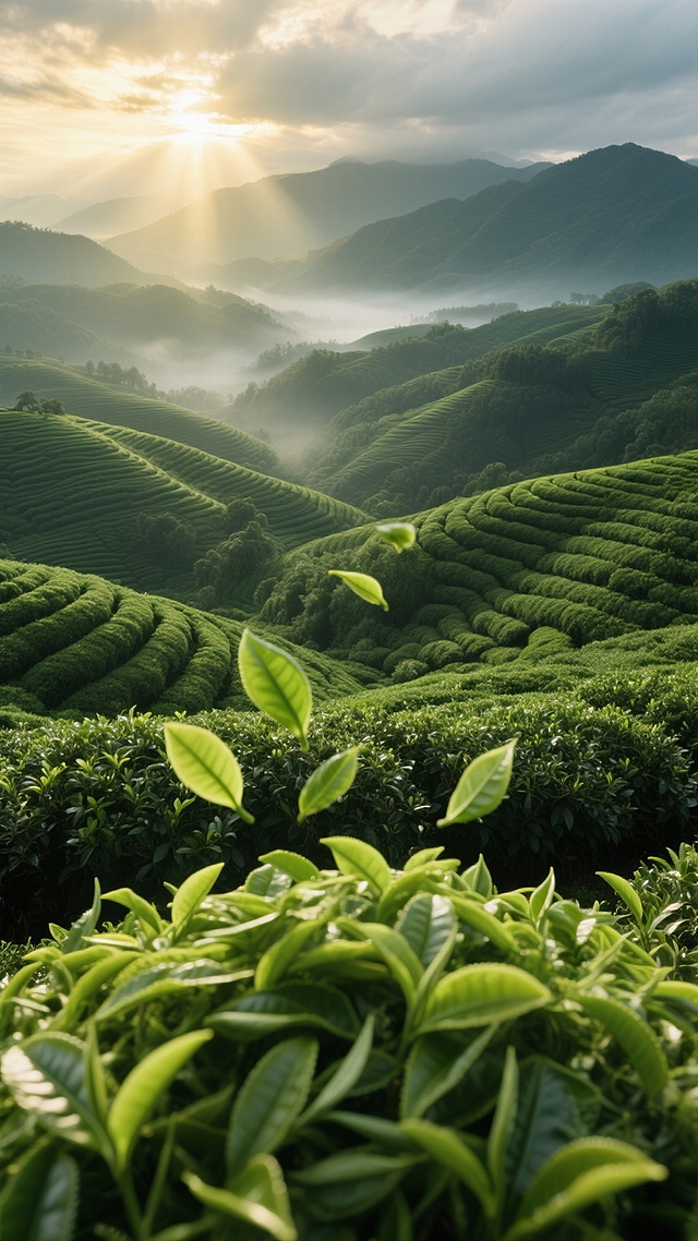 大远景视角下的绿茶茶山，漫山遍野的茶树形成层层叠叠的绿色波浪，阳光穿透云层洒下柔和的金色光线，照亮鲜嫩的茶叶叶片，远山在薄雾中若隐若现，整体色调以翠绿、嫩绿为主，光影对比柔和，营造出清新自然、宁静悠远的氛围，画面下方近处可见堆积的新鲜茶叶，几片嫩绿的茶叶在空中轻盈飘落，背景为深邃的墨绿色，突出茶山的广阔与生机，具有高清晰度的摄影质感，细节丰富，层次分明。