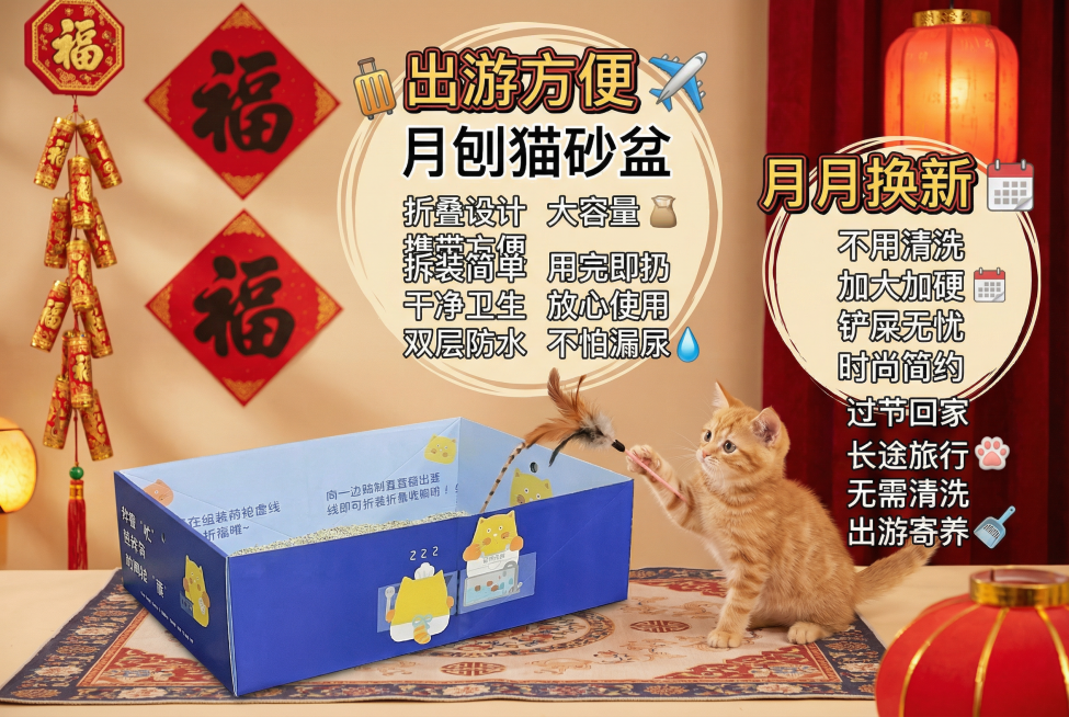 这张图片是产品主体这款产品是一次性猫砂盆 产品主体颜色不改变 我需要设计20张主图在拼多多上面售卖   主图场景布局设计用过年喜庆 小猫等 等背景元素 整体色调喜庆一些，可爱 显得高级一些  主图文案预览效果