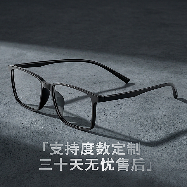 [主图 10] 近视墨镜服务承诺主图，产品外观必须和原图保持100%一致，风格延续极简冷淡硬质工业风，深灰色水泥背景，眼镜居中摆放，底部横向排列服务承诺文案：「支持度数定制 三十天无忧售后」，文字采用半透明悬浮设计，不遮挡主体产品，整体风格光影统一，符合拼多多平台信任转化需求。